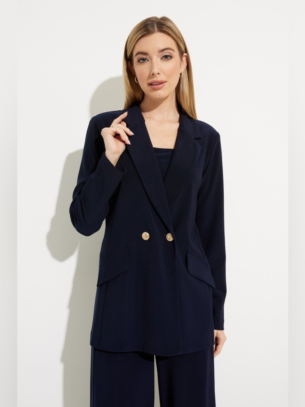 Joseph Ribkoff Midnight Blue Silky Knit Double-Breasted Blazer business casual
